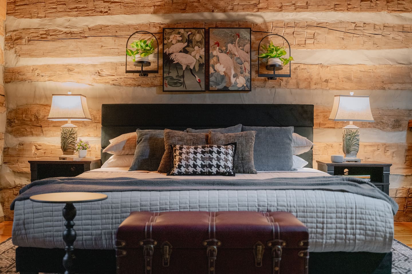 A loft bedroom with a plush king bed and memory foam mattress for comfort.
