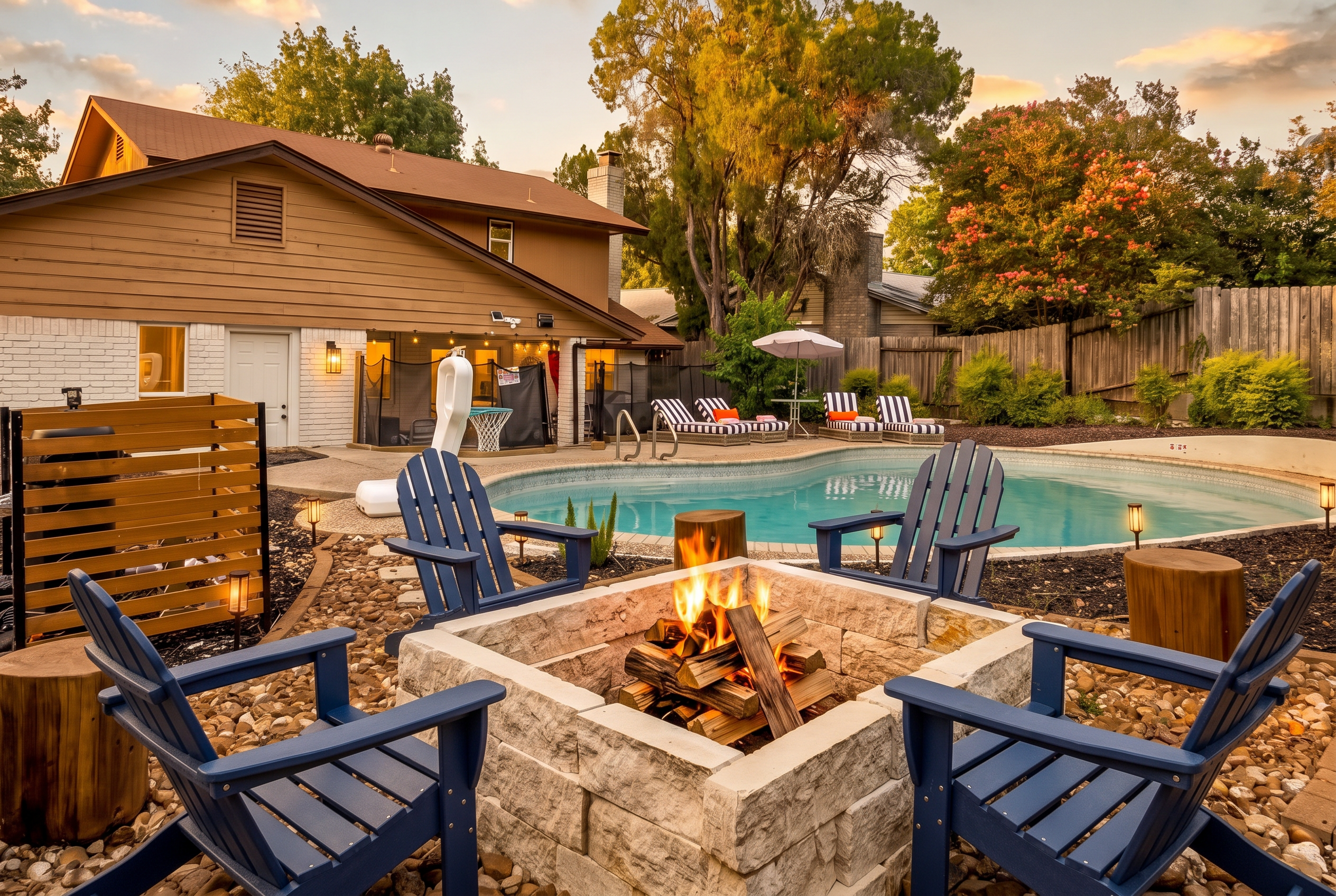 From sunny afternoons to fireside evenings, this backyard is designed for relaxation.