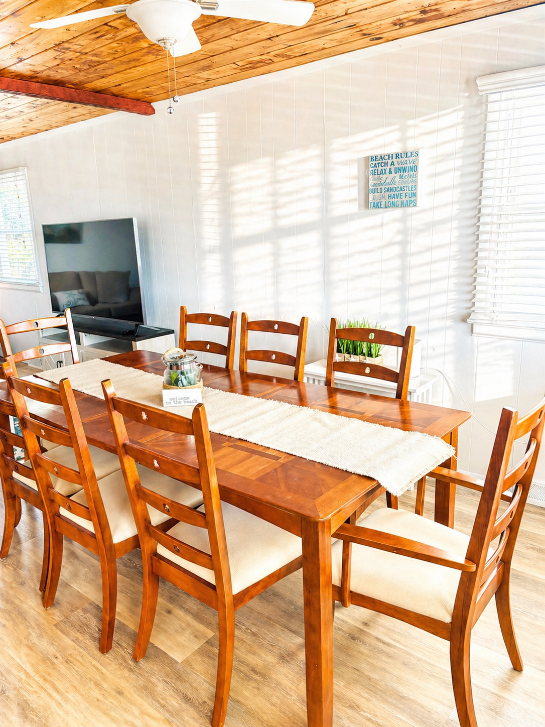 Dining table that comfortably seats eight.