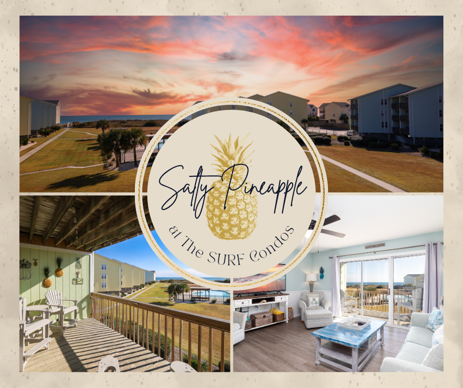 The Salty Pineapple is a perfect beach getaway for couples, small families or friend groups or remote work location. This oceanfront HOA has private beach access, a seasonal pool, small fitness center, and is just minutes from the heart of Surf City!
