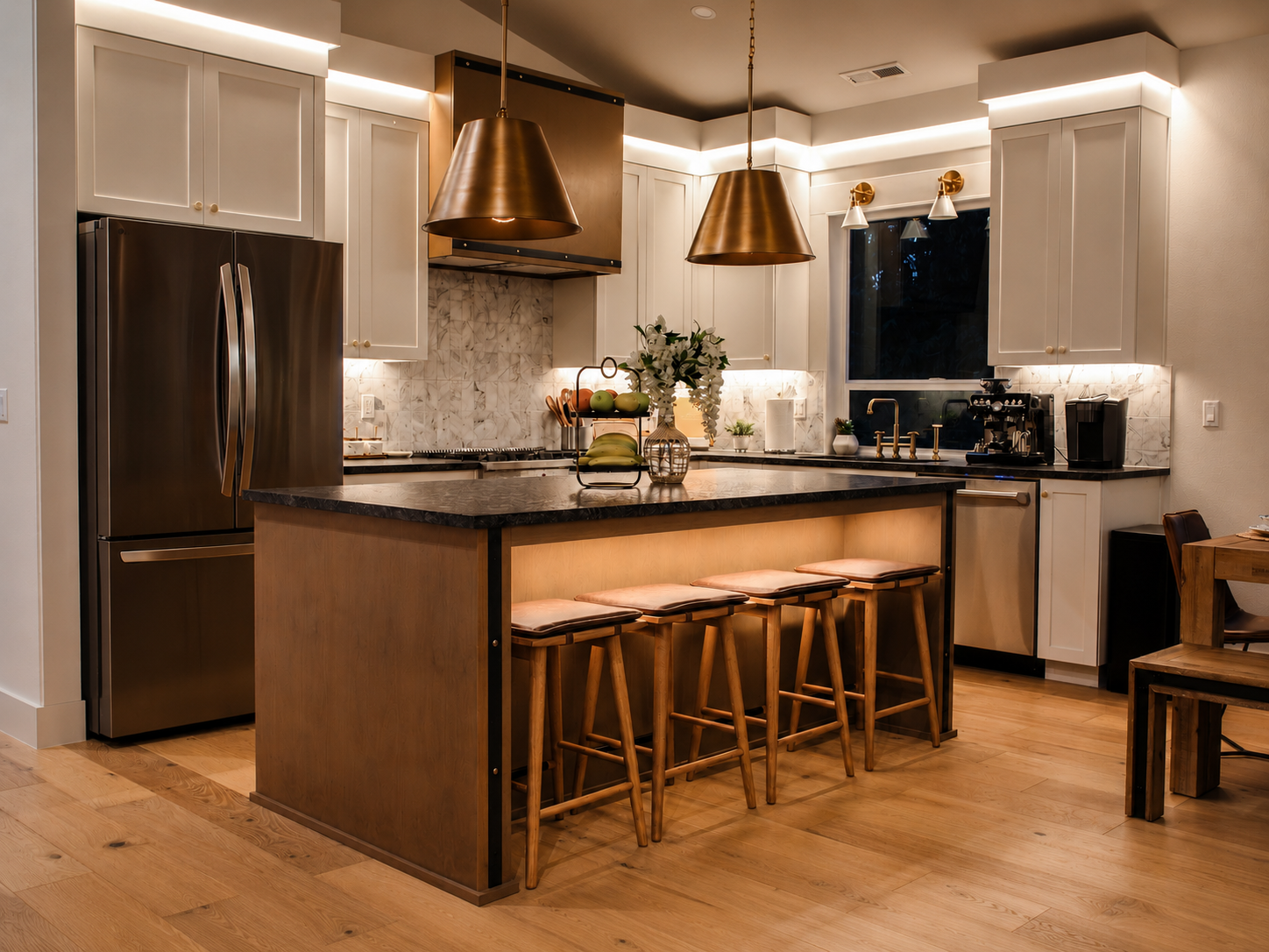 A kitchen designed to feel bright, calm, and quietly luxurious. Soft LED lighting highlights every detail, creating a warm glow that feels both inviting and refined. A space where mornings feel peaceful and evenings feel special.