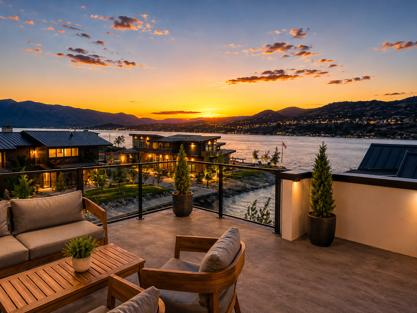 Rooftop deck with lounge seating, fire table and dining table