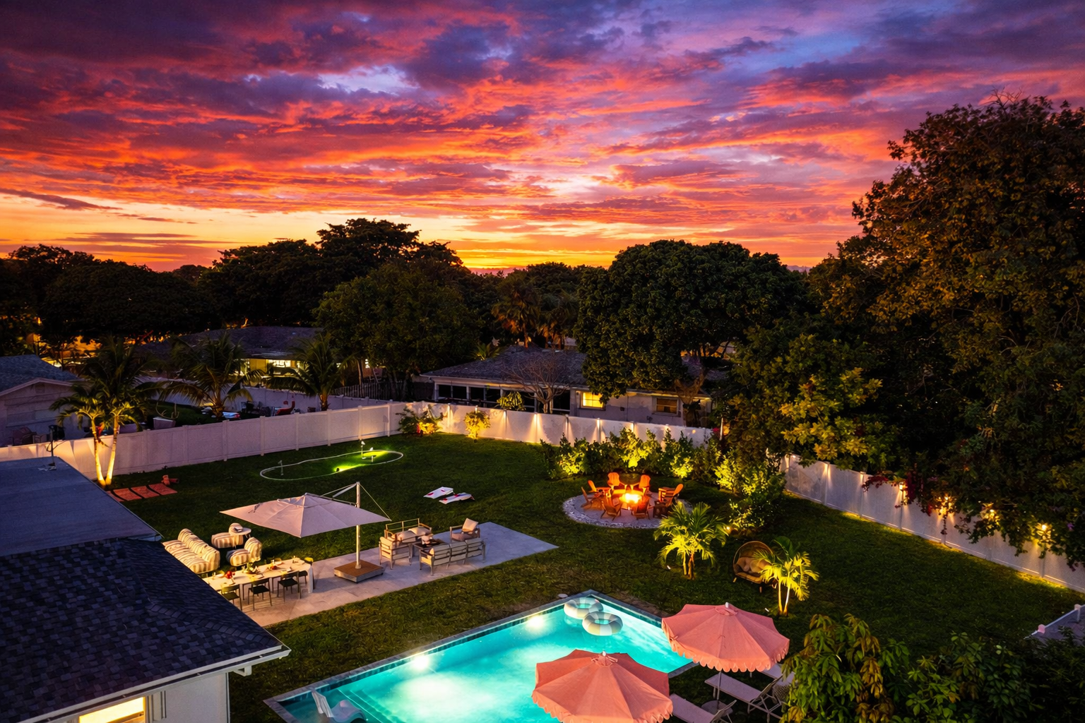 Golden hour melts into magic at Palms Oasis.
A private, fully fenced backyard glowing with pool lights, fire pit evenings, outdoor games, and unforgettable Palm Beach sunsets—designed for nights you’ll talk about long after the trip ends.
