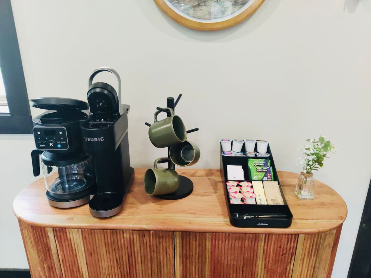 Start your morning right with our coffee station featuring Keurig, drip coffee, and stocked pods.