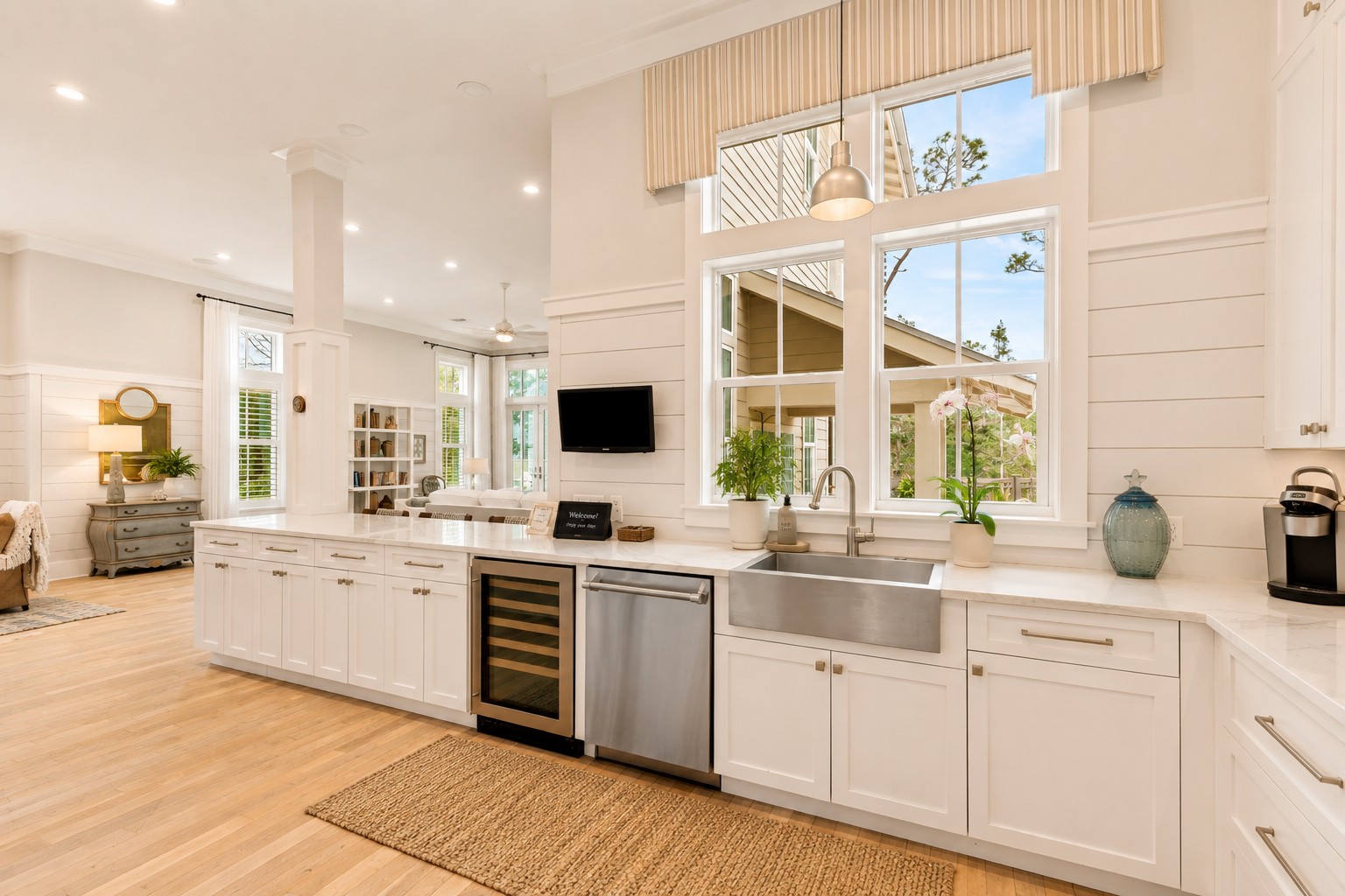 Spacious Kitchen with Window Overlooking the Pool