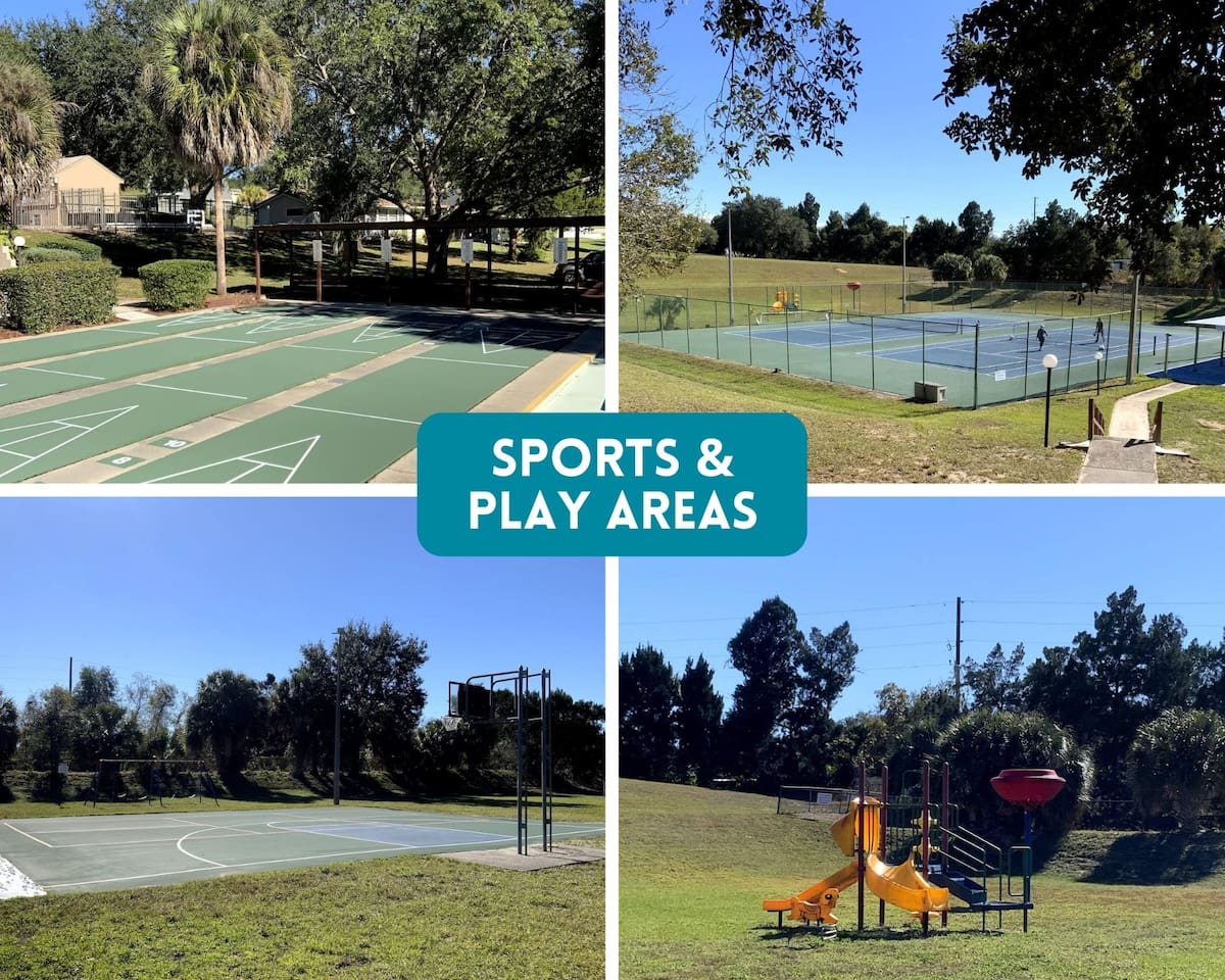 Basketball, shuffleboard, tennis/pickleball, play areas for kids, and plenty of space to play frisbee and other yard games. 