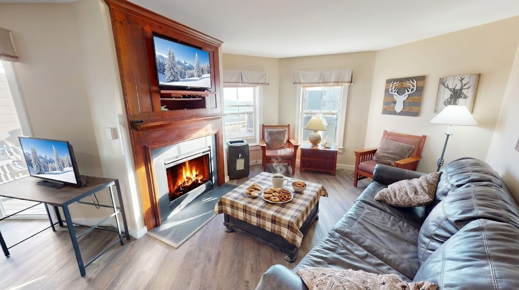 Cozy lodge living room with gas fireplace and big windows—your après-ski hangout.