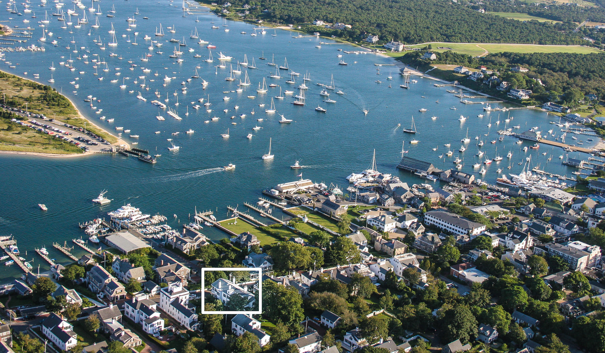Aerial View of the house and Edgartown Harbor looking South