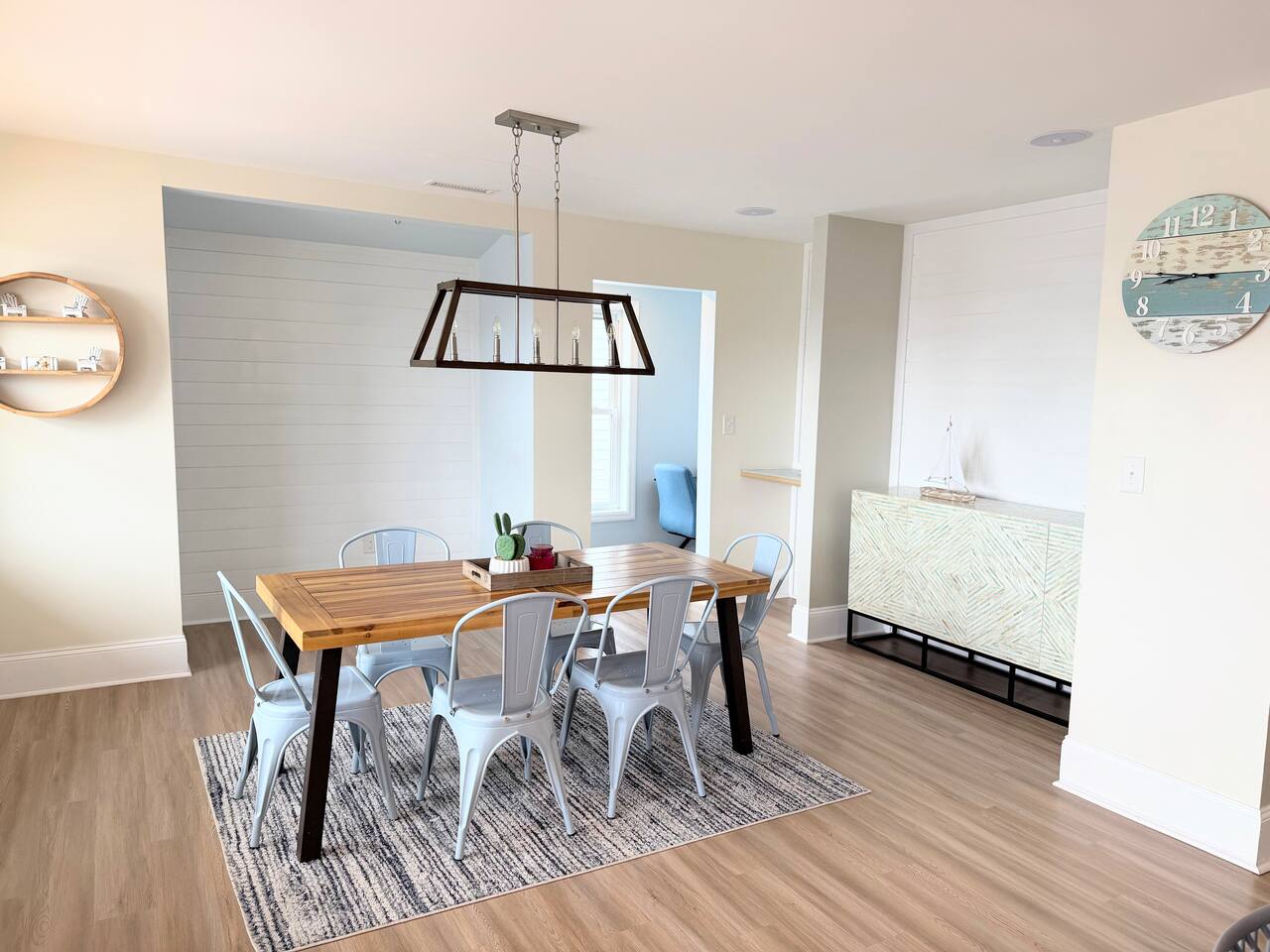 Dining room and designated work area with office chair