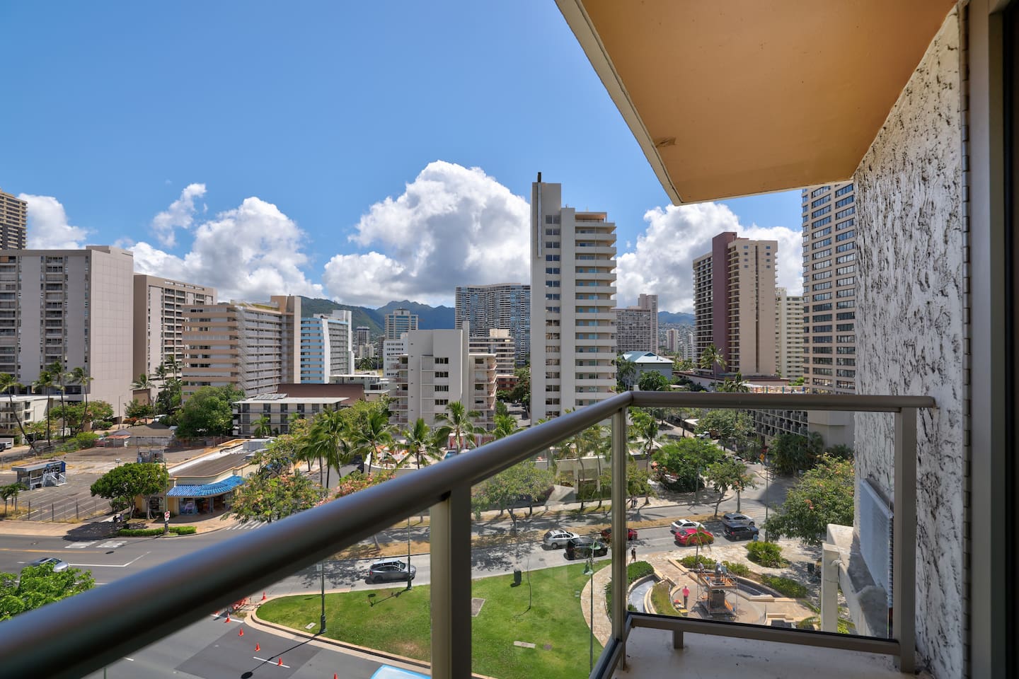 End unit with City and mountain views from private lanai.  Right side facing Kalakaua and Kuhio Avenues