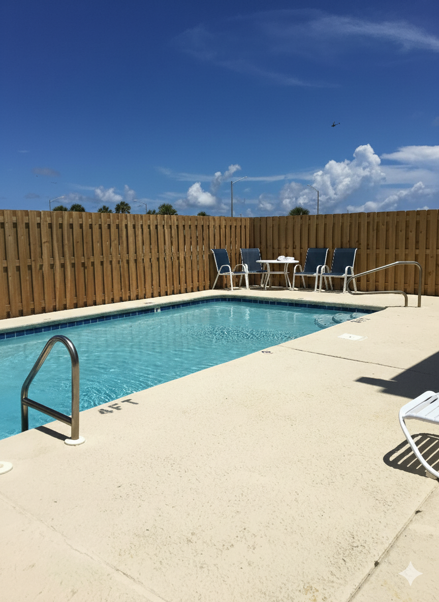 Enjoy exclusive access to this inviting pool area, complete with comfortable seating and a privacy fence for your ultimate enjoyment.