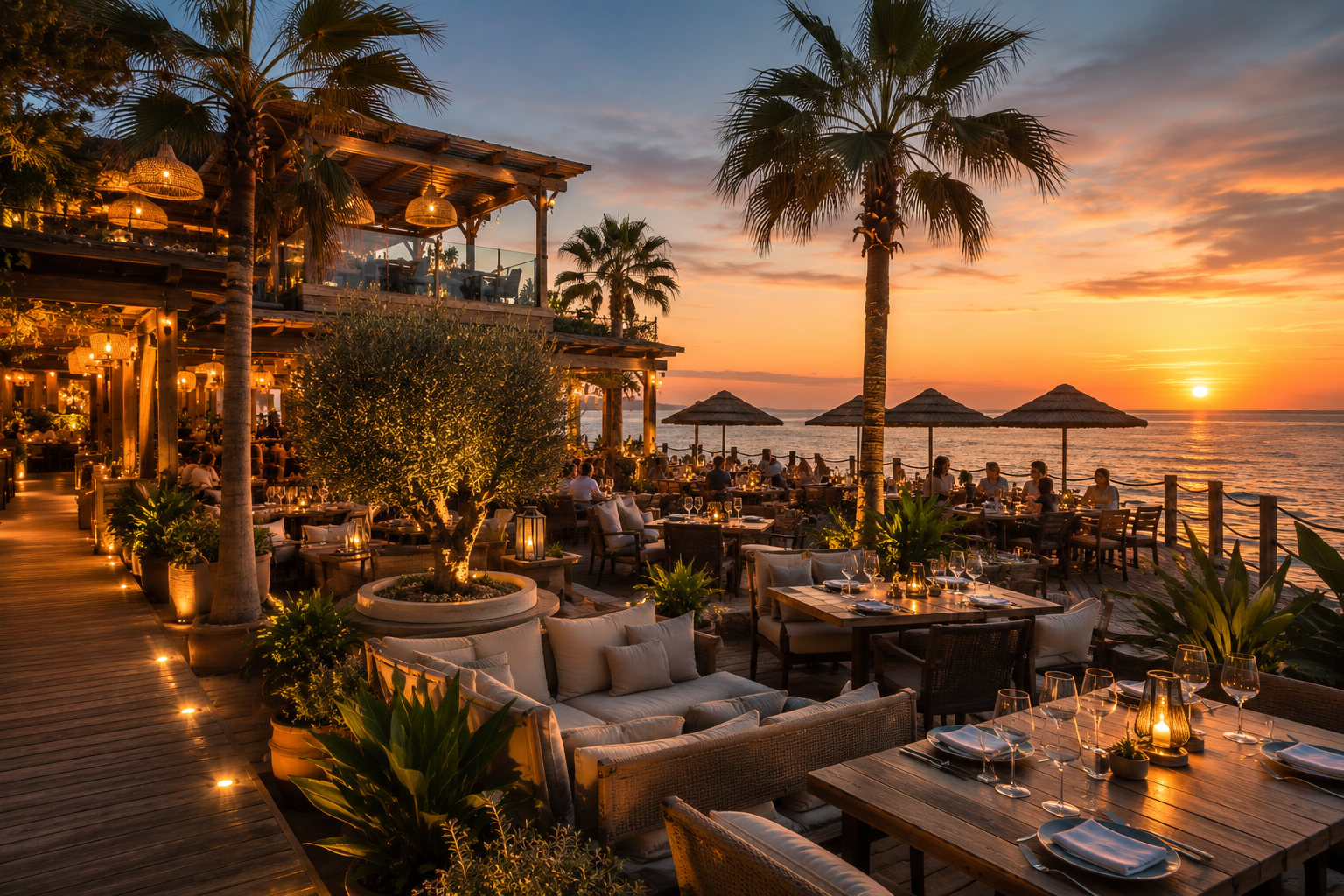 Mediterranean Beach Club Lifestyle – Inspired by the elegant atmosphere of Trocadero Benalmádena, offering sunset dining, seaside cocktails and relaxed Mediterranean vibes nearby.