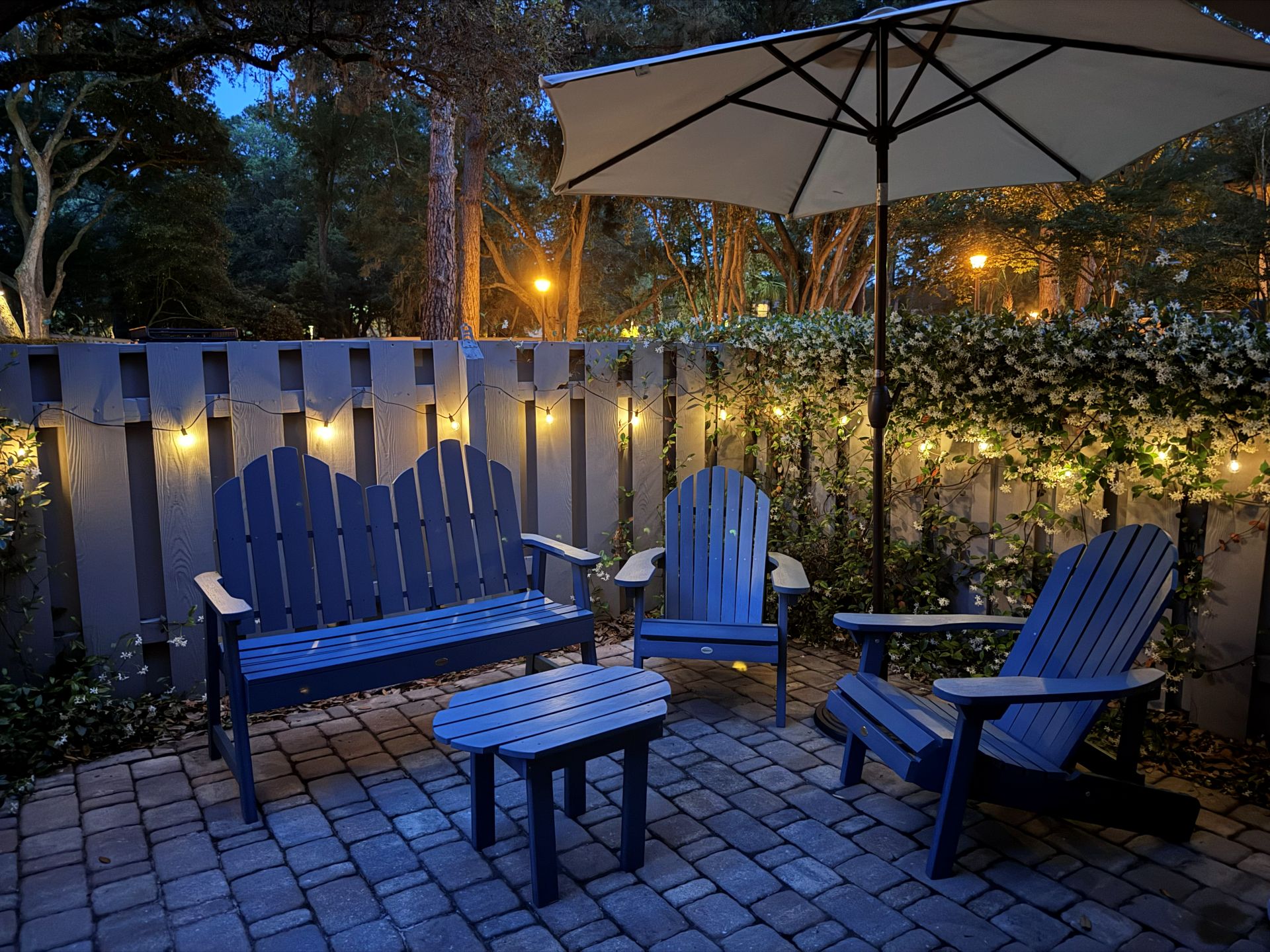 Patio at night with string lights