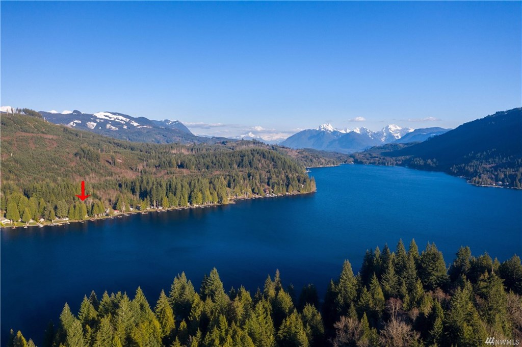 Aerial view of the lake, with the house marked by a red arrow.