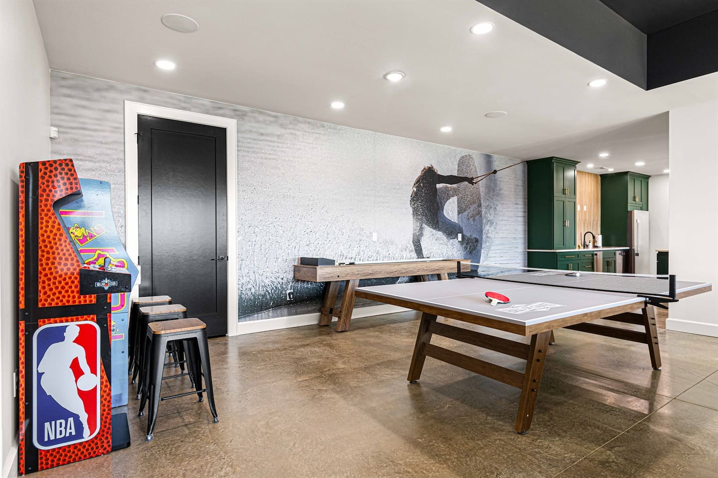 A fun lake mural to tie the space together.