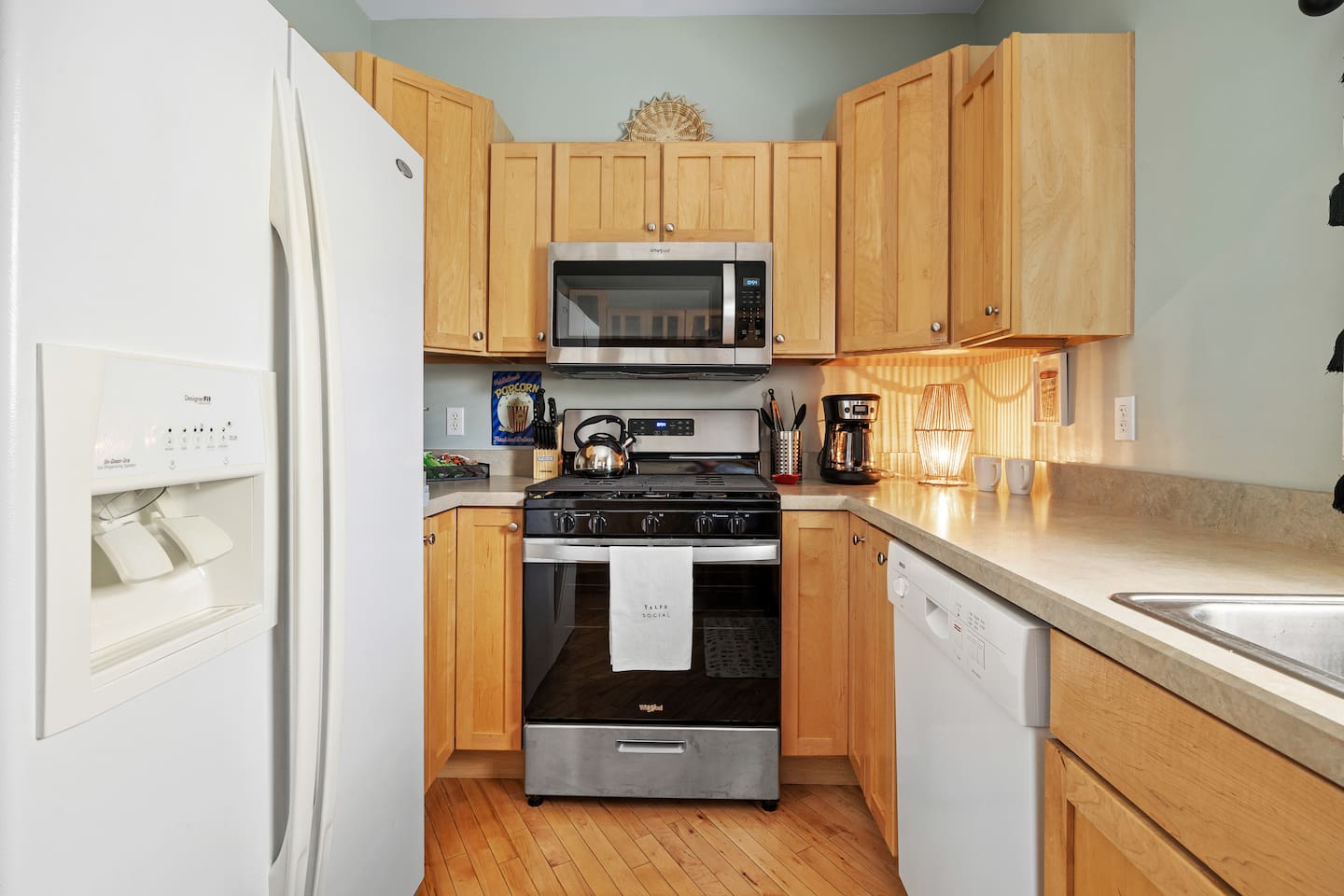 A fully stocked galley kitchen with everything you need to prepare meals, and tea or coffee in the morning.