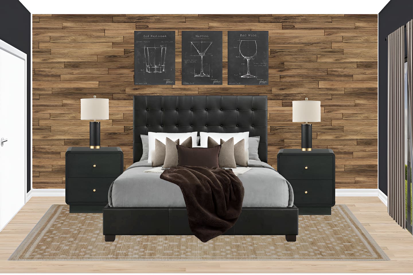 A tufted king bed and a rustic wood accent wall. This stylish vacation rental bedroom includes designer lighting and plush linens, creating a serene escape for your next getaway.