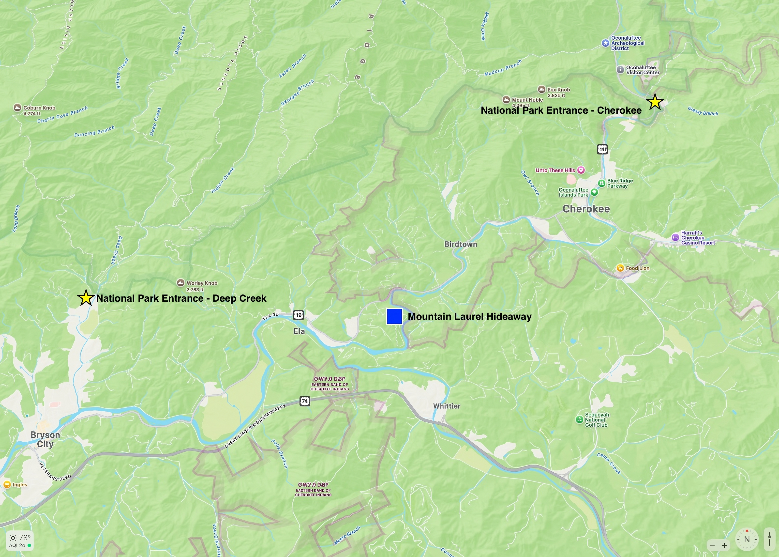 5 miles to Bryson City and Cherokee both!