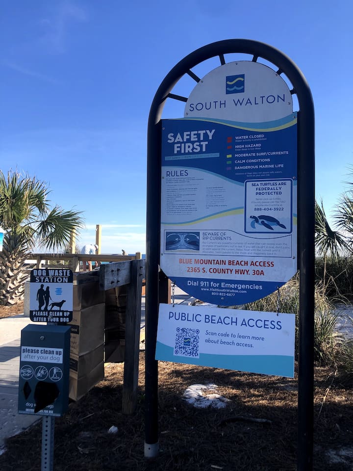 "Beach Access Made Easy:  our home is situated just a 10-minute walk (approx. 0.4 miles) from the Blue Mountain Beach Public Access. This is a public beach with restrooms, seasonal lifeguards, and there are 3 more public access beaches 2 min apart. 