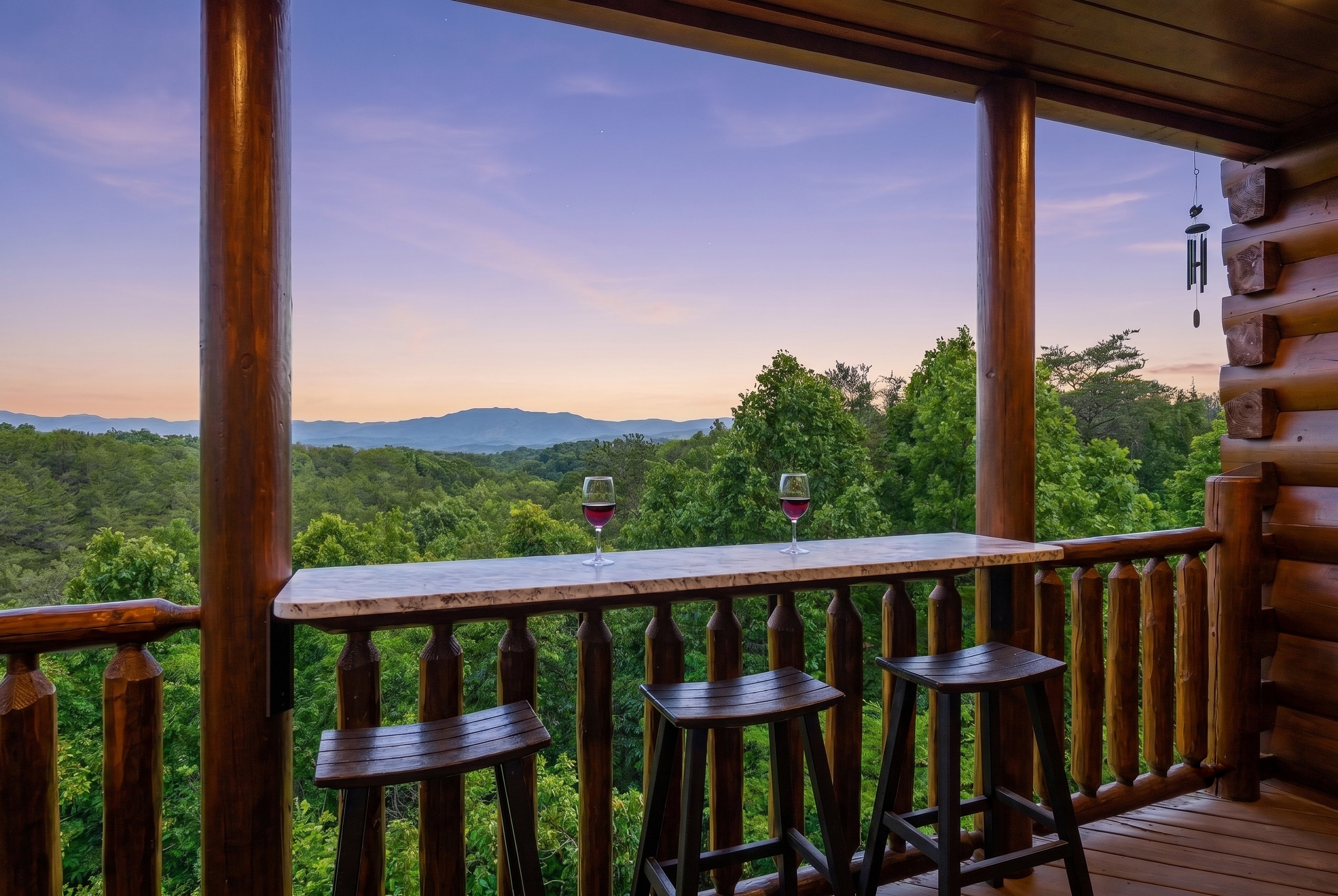 Settle down and take in the spectacular twilight views from our custom granite outdoor bar. The perfect spot to unwind after a day of adventures.