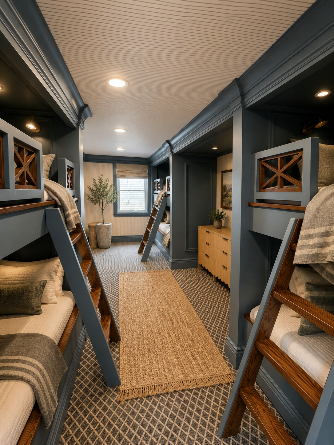 Perfect for kids, groups, or family gatherings, this spacious basement bunk room features 9 XL-twin beds with built-in bunks, individual sleeping spaces, and plenty of room to spread out. A fun retreat designed for memorable stays, movie night.