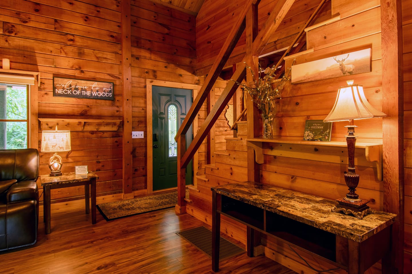There are shelves and counter areas for storing your personal items.