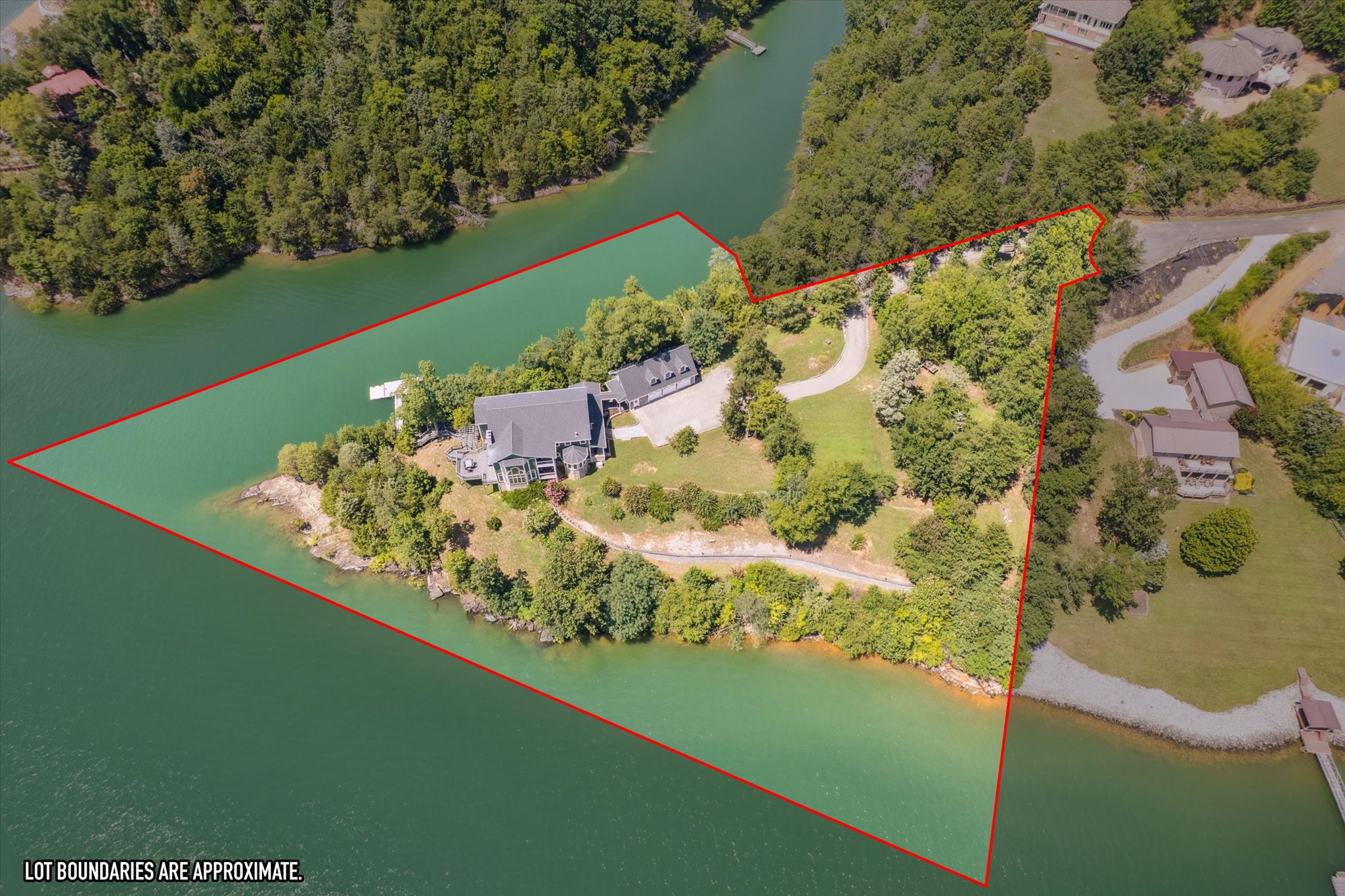 Property lines (6 acres), with 4 acres on land and no close neighbors