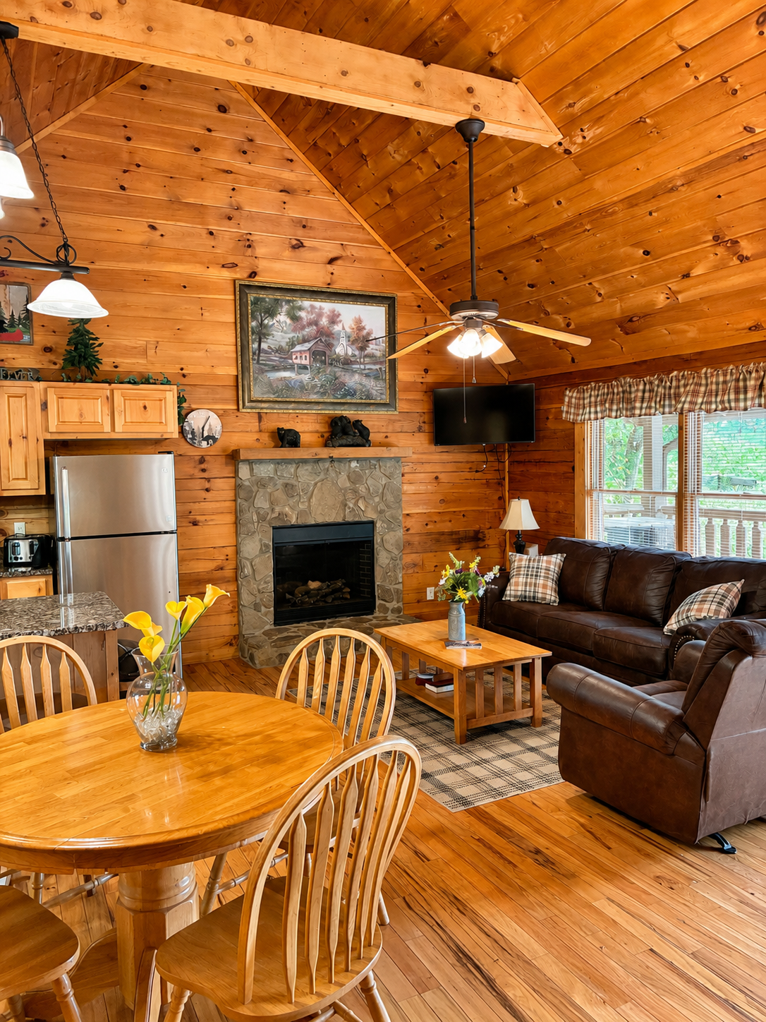 A cozy place to come home to. That sofa also is an extra full sized bed. Love the Cozy fire!