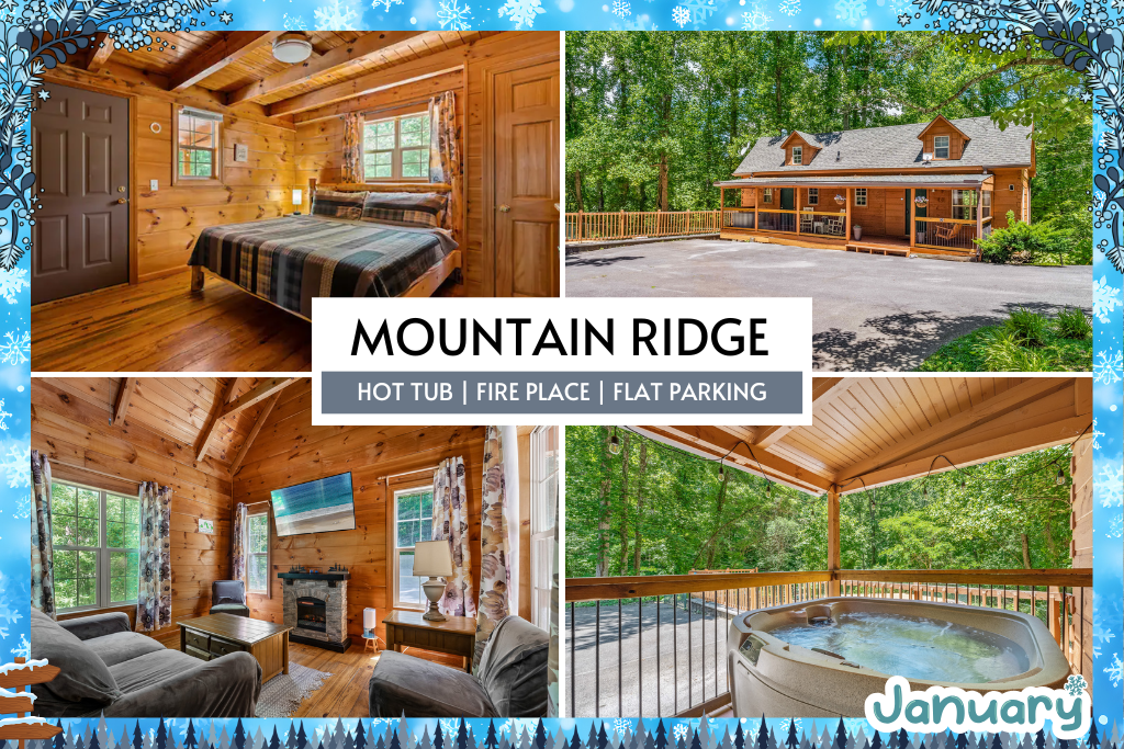 Mountain Ridge is a cozy log cabin retreat featuring a private hot tub, warm fireplace, and flat parking. Just minutes from Anakeesta and all your favorite Smoky Mountain adventures.