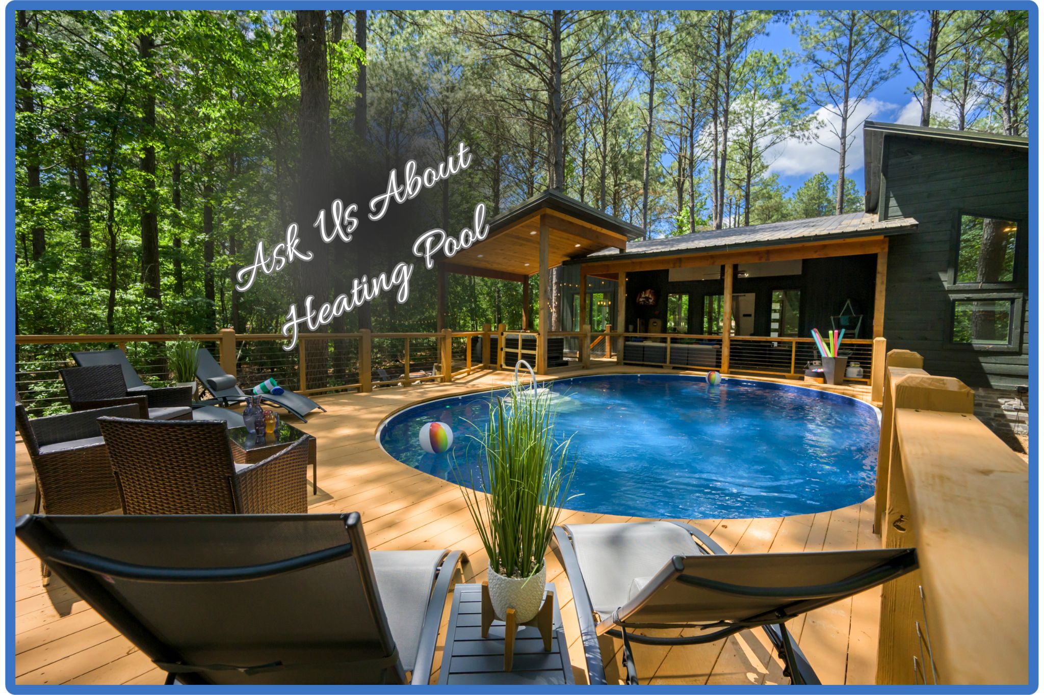 A pool with a view — and warmth when you want it. Surrounded by towering pines, this Broken Bow cabin offers a heated-pool option for year-round comfort and stunning forest views.