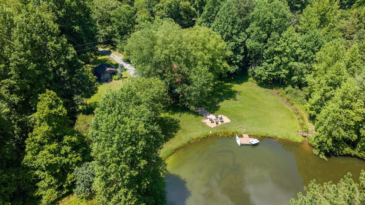 Aerial view of firepit and water.