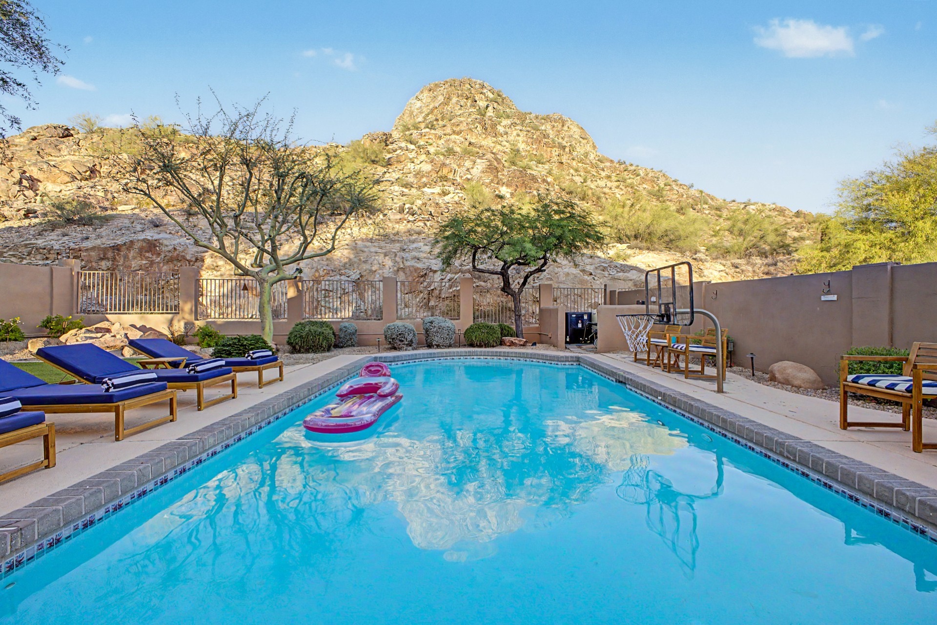 Amazing backyard mountain view oasis with private heated saltwater pool next to the mountain