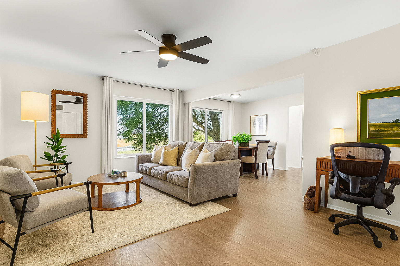 Spacious open-concept living room with stylish décor and direct access to your private entrance.
