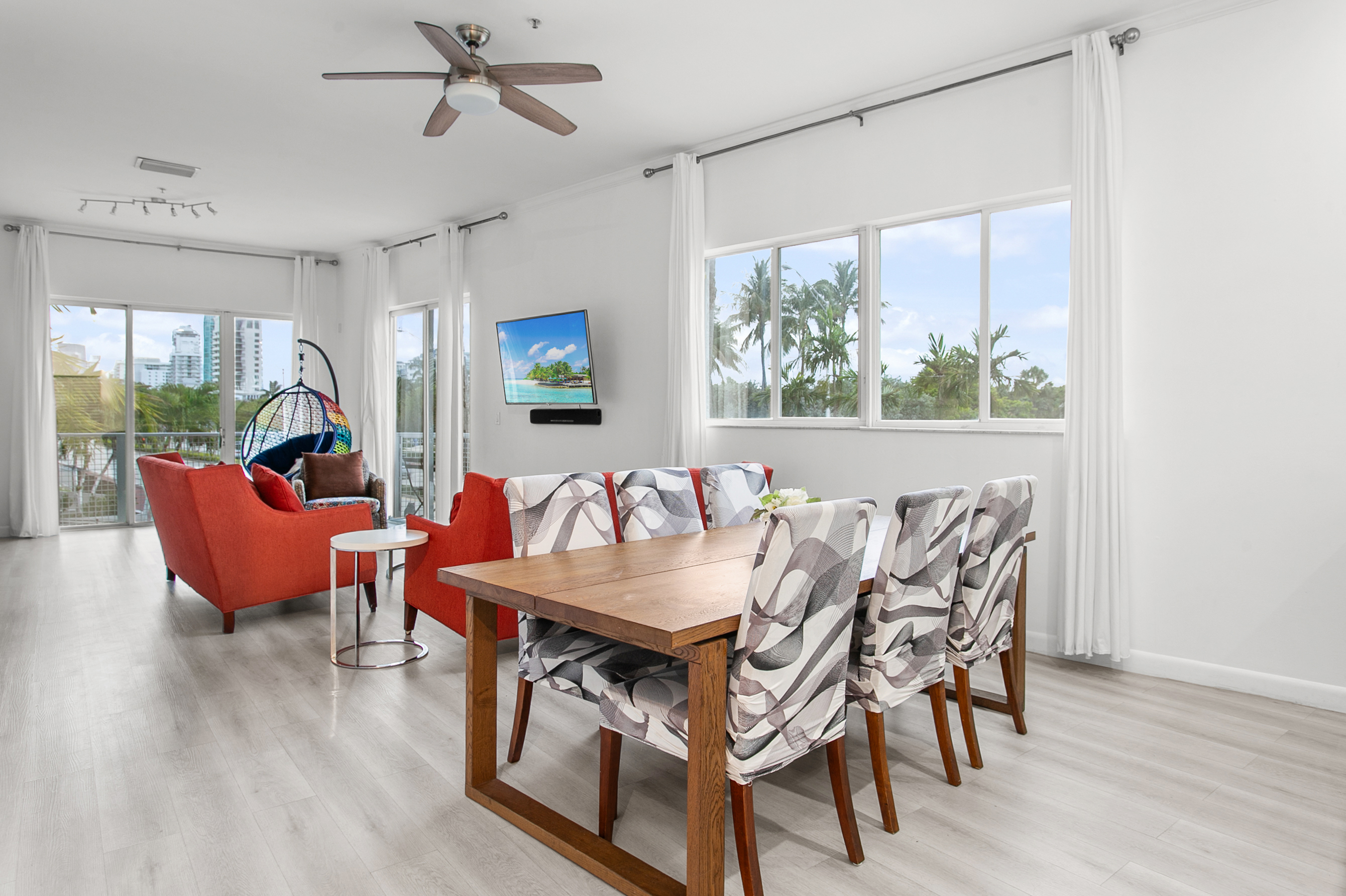 Large dining table with comfortable seating for six