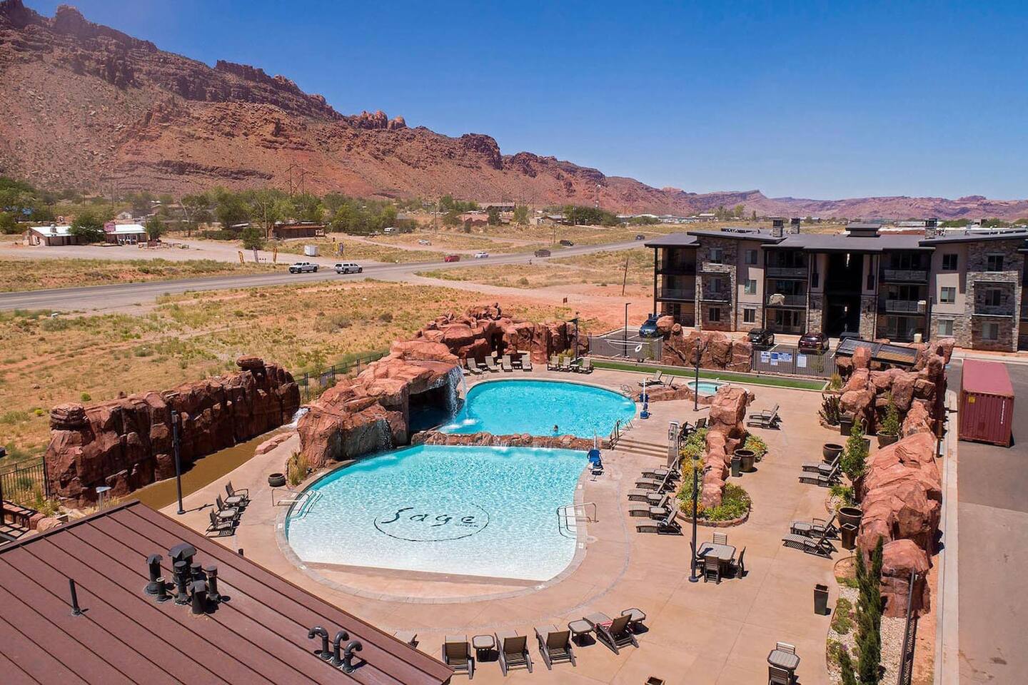 Aerial view of the fabulous pool area and mountains
