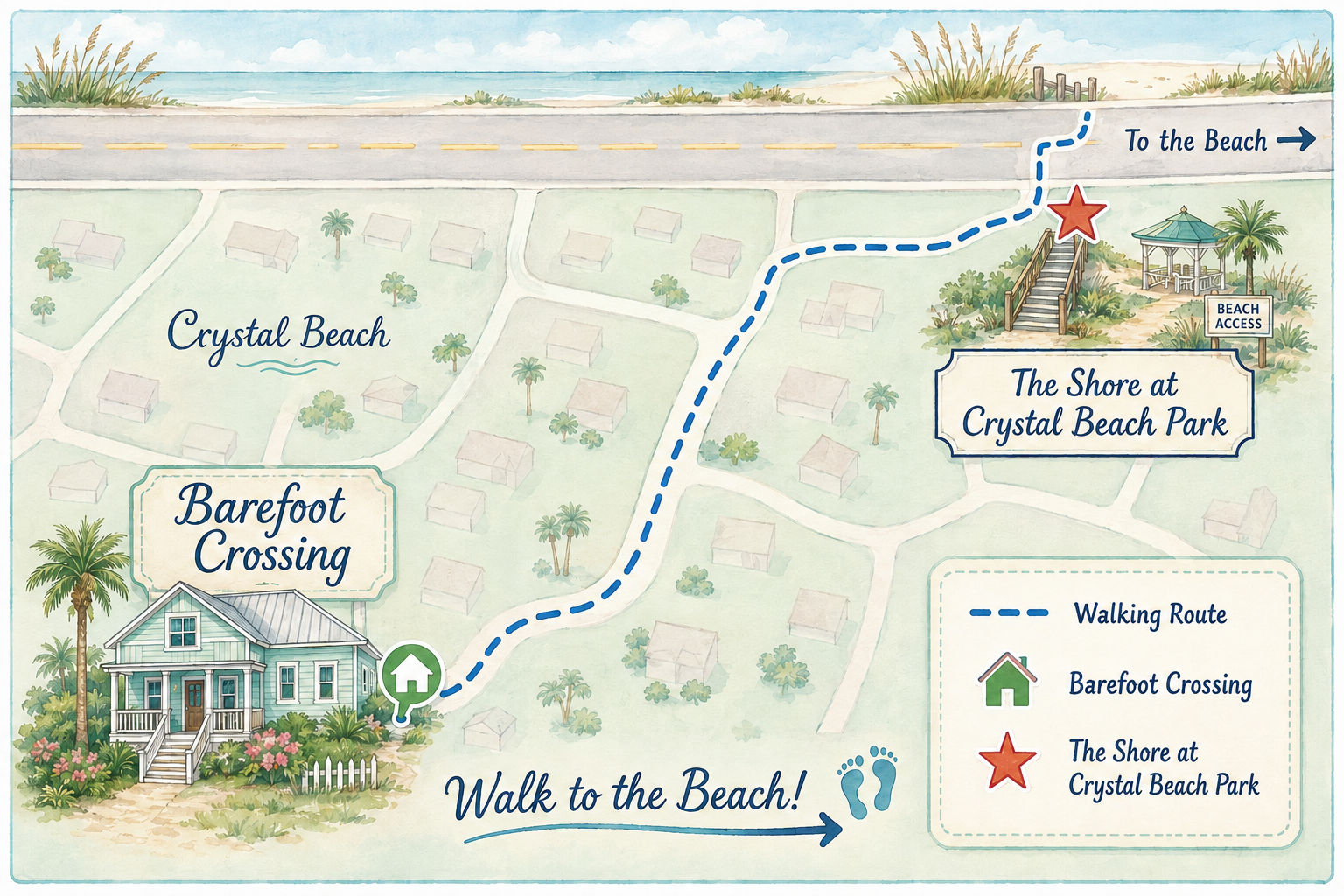 Crystal Beach just steps away, with your 30A vacation home perfectly positioned nearby. 🌊🏡