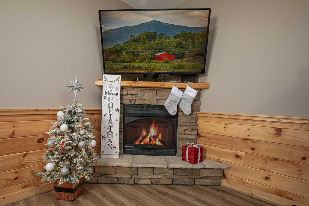 The living room is decorated to bring you holiday joy.