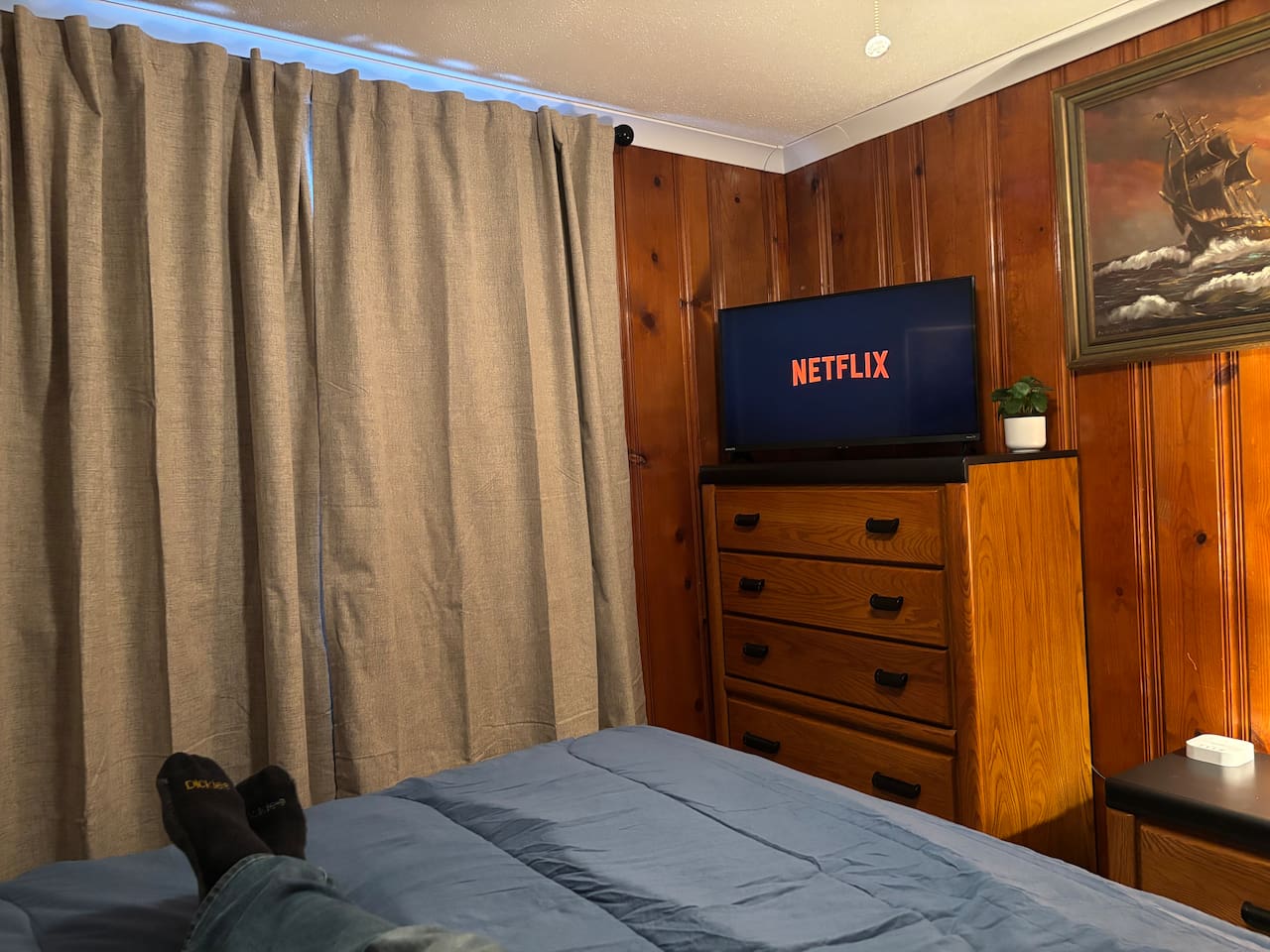 Comfortable, private space with lockable door, with your own personal 32" Roku TV with remote. Streaming access available for all the popular apps.