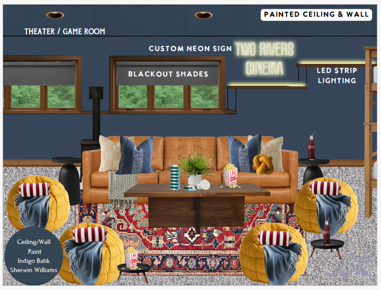 Theater/game room w/ sectional seating & playful decor for group fun.