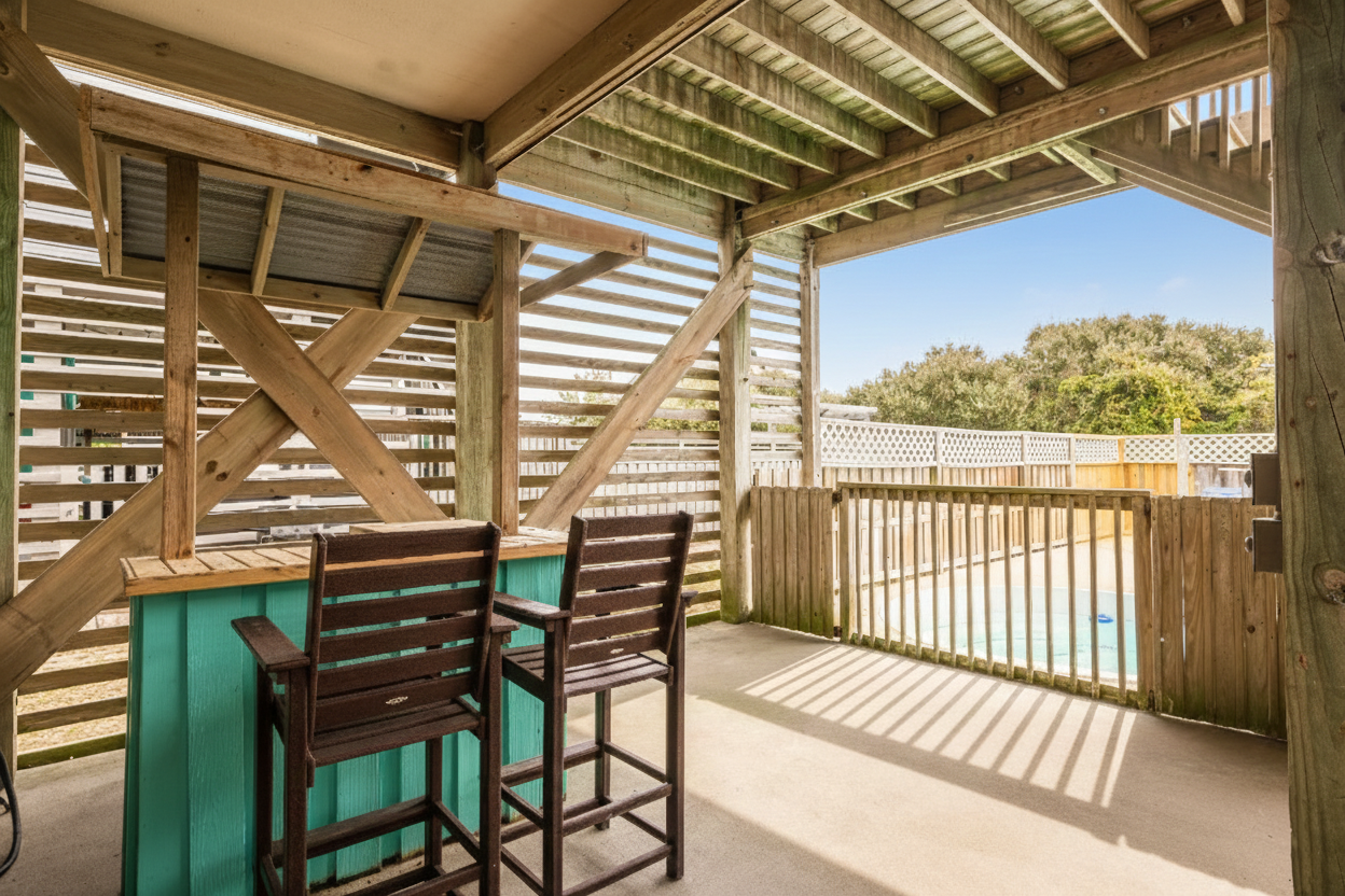 Hang out in the shade at the tiki bar with easy access to the pool. Always vacation time here!