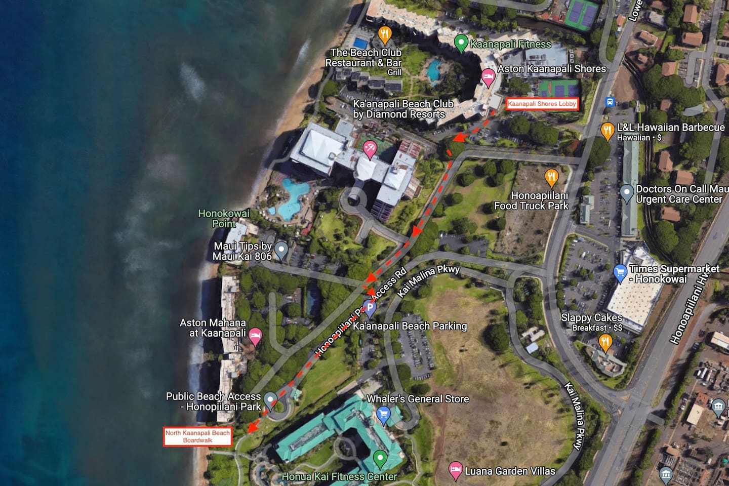 Walking directions to the North Kaanapali Beach Boardwalk / Beachwalk - About a 7 minute walk from the lobby of Kaanapali Shores.