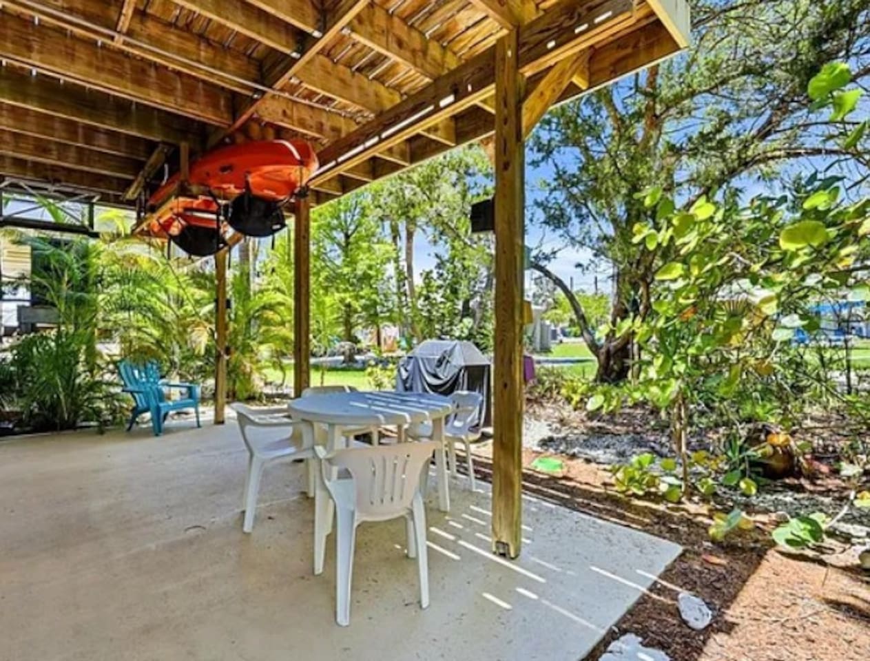Relax surrounded by lush tropical greenery while enjoying a delicious meal fresh off our convenient gas grill.