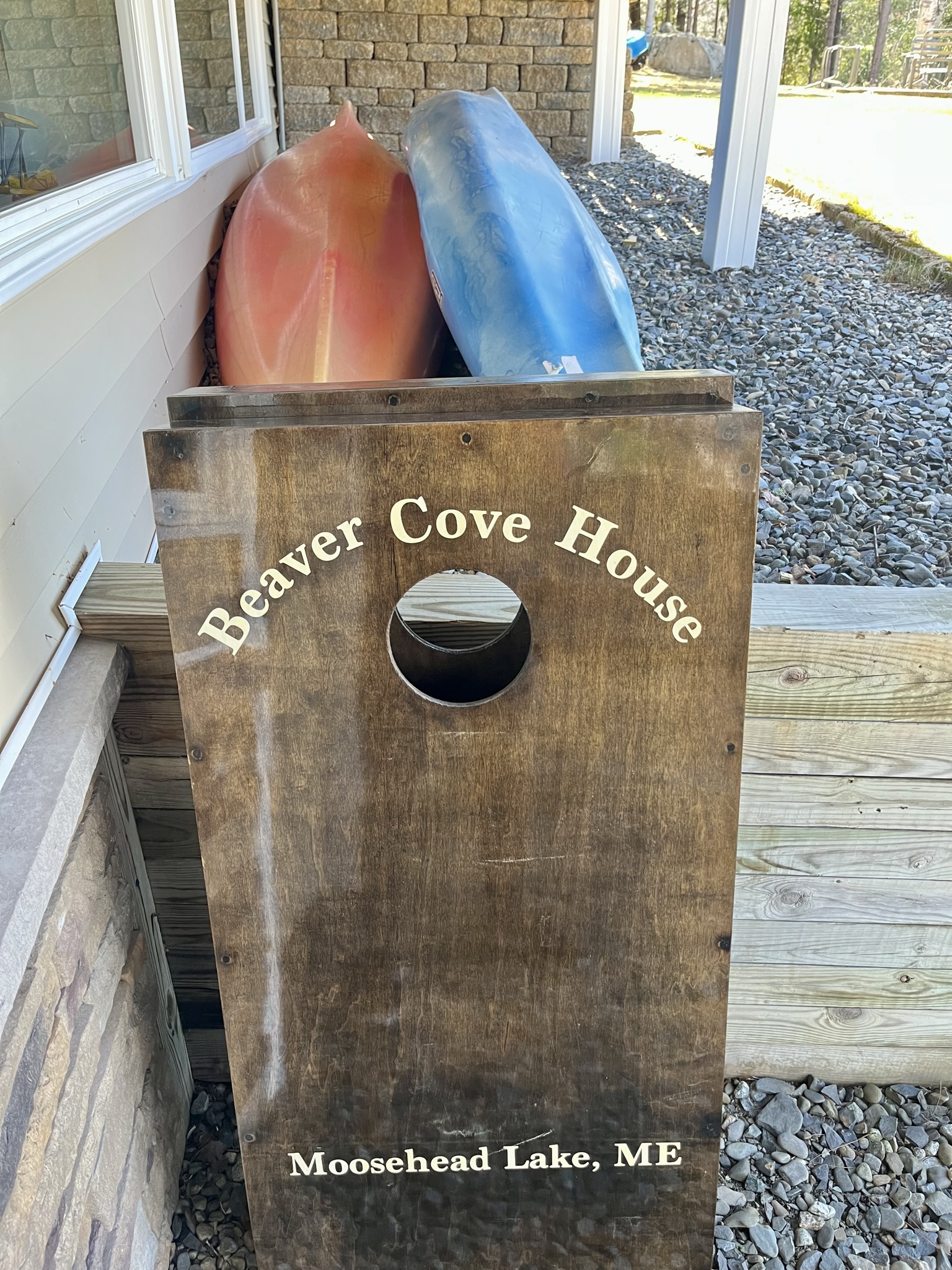 Corn hole and kayaks for your enjoyment 