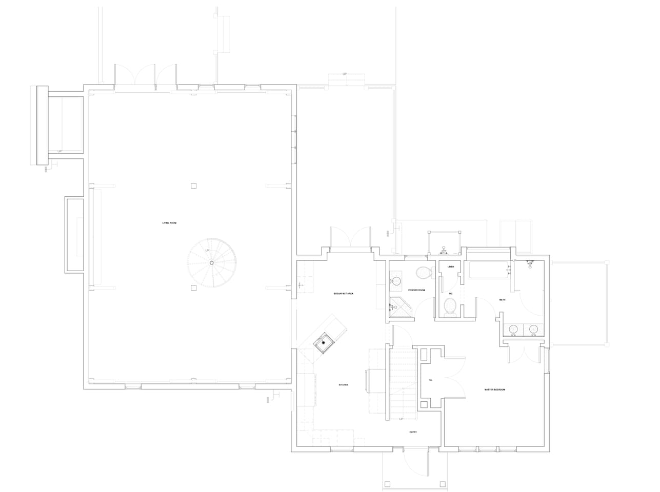 Ground floor / entry level of main house with living / dining / kitchen / deck to outdoors and master suite. 