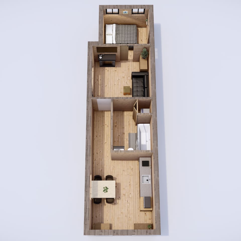 Tiny Elk 3D Floor Plan-  Oblique shot from the dining area into the queen bedroom, showcasing a full kitchen in the foreground, the fireplace and TV console in the living room and the snug woodland retreat of the queen‑size sleeping nook beyond.