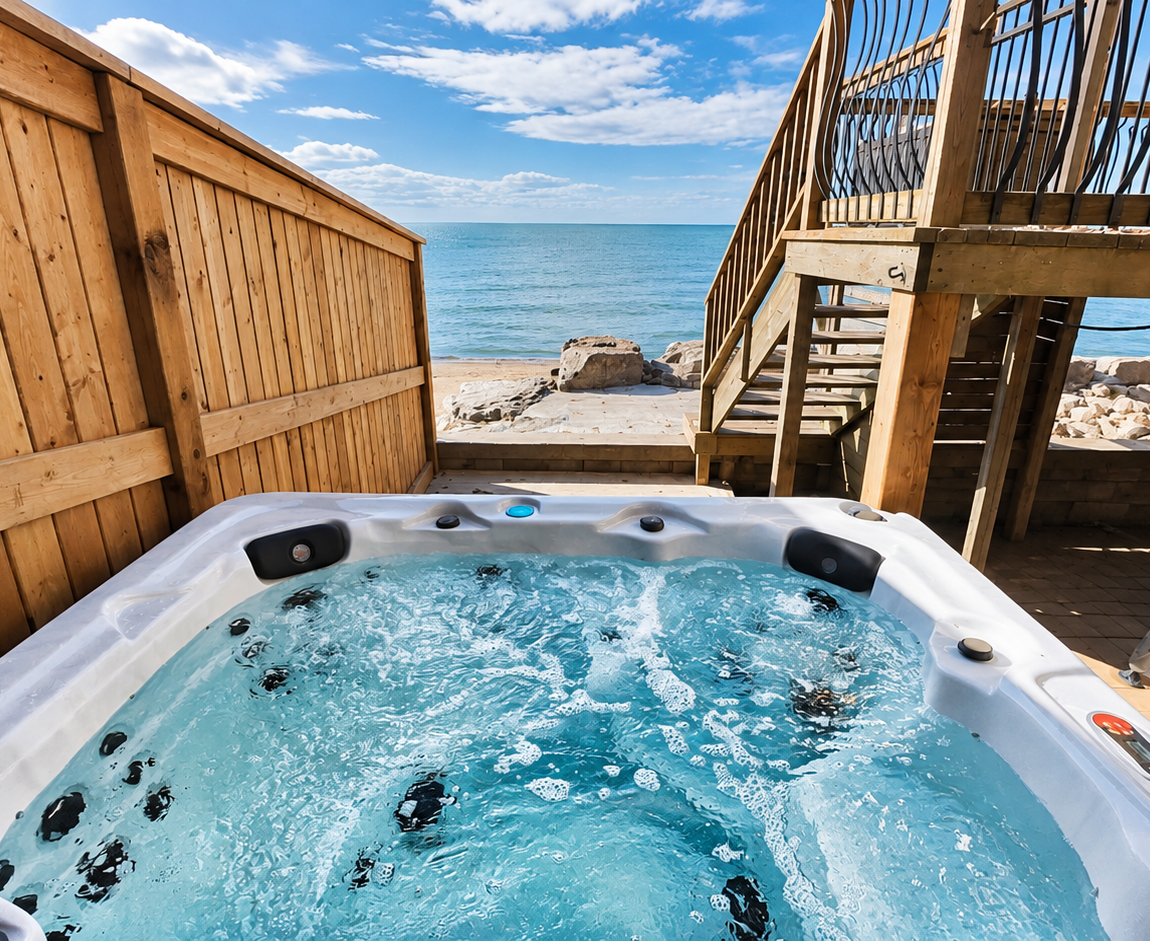 A bubbling hot tub on a wooden deck overlooking the lake & beach front under a bright blue sky