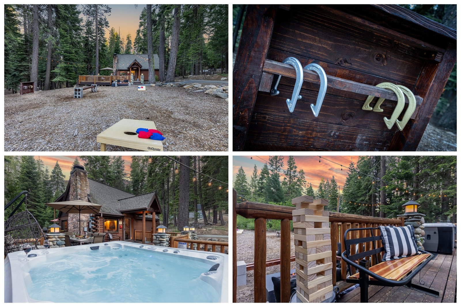 Play the day out — cornhole and horseshoes in the clearing, giant Jenga on the deck, and the hot tub waiting when you're done.