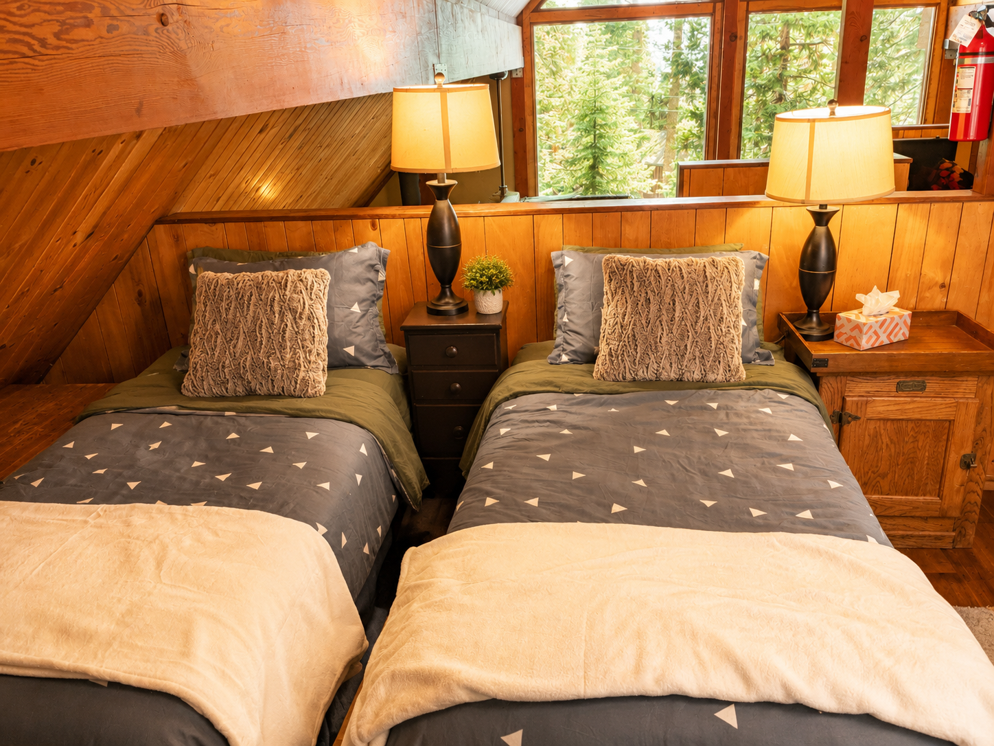 The upstairs loft area is not fully enclosed, so be aware that there isn't a full wall with door that separates it from downstairs.    It does have plenty of sleeping space, it's own full bathroom and a separate hang out spot, perfect for kids.