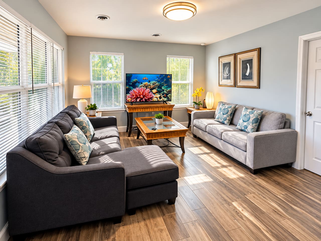 Living Room: Bright and airy space with modern decor, perfect for family fun and relaxation!