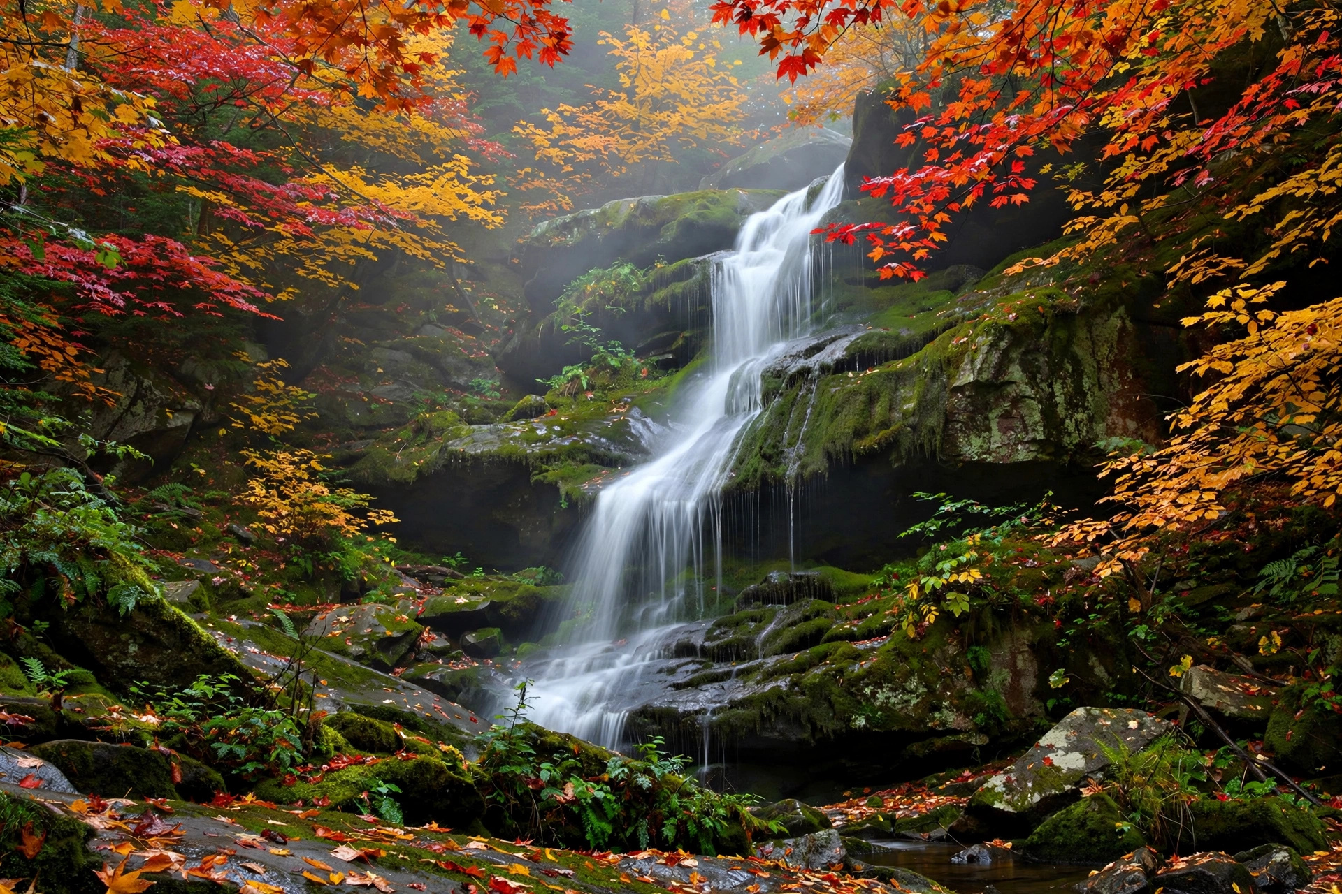 Illustration: waterfall amid peak fall foliage in the Poconos